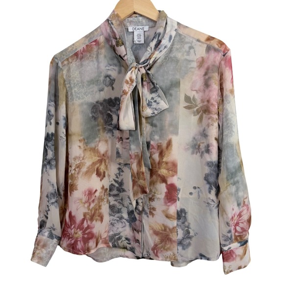 Deane Mel Tie Neck Sheer Blouse Women Small Petite Off-White Floral NWT - Picture 2 of 7